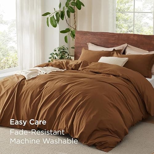 Bedsure 100% Washed Cotton Duvet Cover Queen Size - Brown Minimalist Cotton Duvet Cover Linen Like for All Seasons - GentleSoft™ Plain Simple Bedding, 3 Pieces (Brown, Queen, 90"x90") - Queen (90" x 90") - 06 - Argan Oil (No Comforter) thumbnail 9