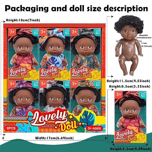 6 Pack 4 Inch African Girl Dolls Set - Black Mini Dolls with Colorful Outfits & Hairbands – Gift for Girls 3-6, 6-12 Educational Toys & Decorative Figures thumbnail 3