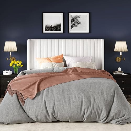 Allewie Queen Size Velvet Bed Frame/Vertical Channel Tufted Wingback Headboard/Upholstered Platform Bed/Strong Wooden Slats/No Box Spring Needed/Easy Assembly/White thumbnail 3