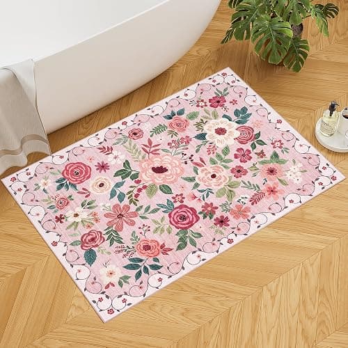 DUKINO 2x3 Rugs for Entryway, Floral Indoor Washable Door Mat, Non Slip Boho Small Rug for Kitchen, Soft Low Pile, Front Door Throw Rug for Entrance, Bedroom, Kitchen, Laundry, Bathroom, Pink thumbnail 4