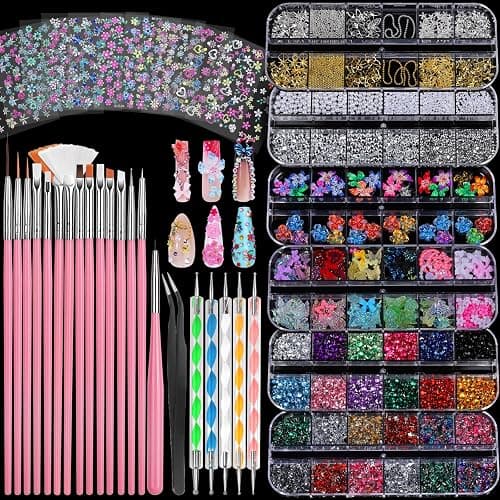 FANDAMEI Nail Art Brushes, Nail Art Kit with 15 Pcs Nail Art Brush, 5 Pcs Dotting Tools, 6 Box Nail Charms and Gems, 10 Sheet Flower Nail Stickers, Complete Nail Decoration Art with Nail Art Brushes - Image 1