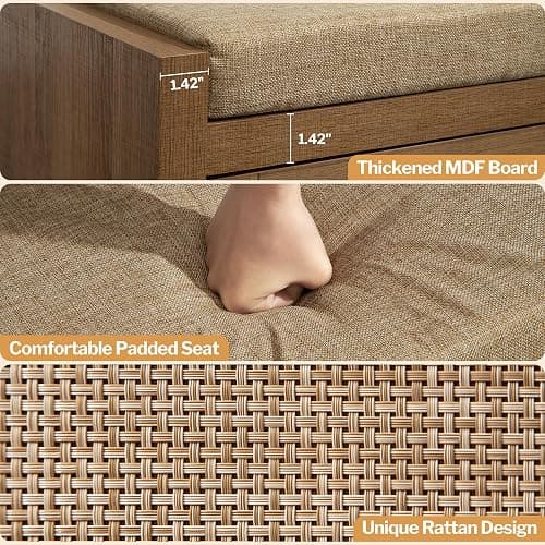 SICOTAS Rattan Shoe Bench Entryway Bench with Storage Drawer and Linen Seat Cushion, Farmhouse Boho Shoe Rack with Shelf, Wooden Storage Bench for Entryway Hallway and Bedroom, Caramel Oak thumbnail 5