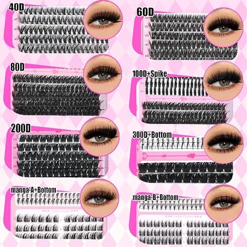 YIDUO 8 Styles Mix Lashes Clusters Kit 4 Box Cluster Lash Book Kit with Bond&Seal 1888Pcs 100D/200D/300D Volume Manga Eyelash Extension with Spikys/Bottom lash Kit for Beginners DIY at Home Easily thumbnail 3