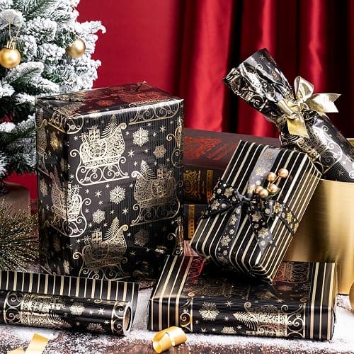 WRAPAHOLIC Reversible Black and Gold Christmas Wrapping Paper - Mini Roll - 17 Inch x 33 Feet - Black Gold Sleigh and Stripe Wrapping Paper with Metallic Foil Shine for Christmas, Holiday, Party thumbnail 4