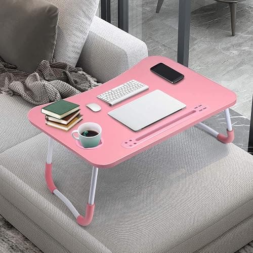 Slendor Lap Desk with Cup Holder, Foldable Laptop Table for Bed, Portable Bed Desk for Laptop and Writing, Computer Tray with Tablet Slot, Notebook Stand Reading Holder for Couch Sofa Floor,Pink thumbnail 7