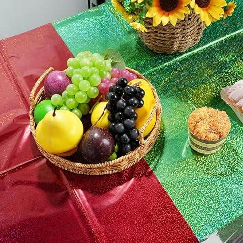 12 Pack Iridescent Red and Green Plastic Tablecloth 54x108 Inch, Holographic Laser Disposable Table Cover, Rectangle Red and Green Table Cloth for Christmas Holiday Birthday Party Decorations thumbnail 2
