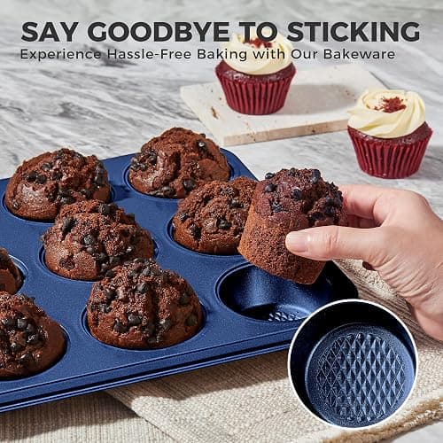 HONGBAKE 9-Piece Baking Pans Set Nonstick, Stackable Non Toxic Bakeware Sets with Diamond Texture, Oven Pan Set for Cooking, Includes Cookie Sheet with Rack, Cake Pan, Roasting Pan, Muffin Tin, Blue - Sapphire Blue - luxury nine-piece set thumbnail 6