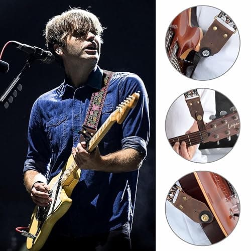 Nefelibata Guitar Strap,Jacquard Embroidery Cotton Guitar Straps with Crazy Horse Leather Ends for Bass, Electric & Acoustic, Best Gifts for Guitarists(Elegant Pink Flower Embroidery) thumbnail 2