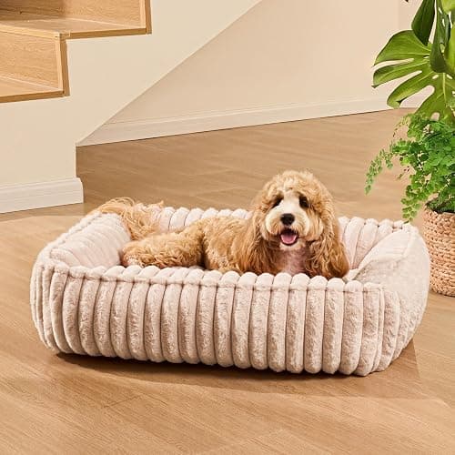 Jolifield Small Dog Bed Calming Cat Bed for Indoor Cats 20’’x16’’ Khaki | Rectangle Plush Orthopedic Pet Sofa Bed, Washable Anti-Anxiety Soft Puppy Couch, Nonskid Bottom Furry Cuddler Up To 7 lbs thumbnail 2