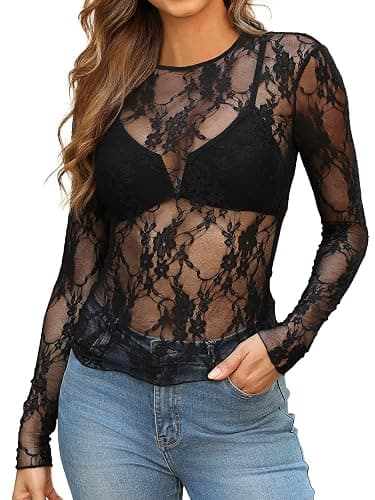 OFEEFAN Womens Mesh Tops Lace Long Sleeve Shirts Crewneck Slim Fitted Outfits See Through Blouses thumbnail 3