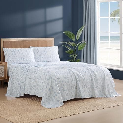 Caribbean Joe Queen Coastal Print Microfiber Sheet Set, Coastal Brocade | Soft, comfortable 100% polyester microfiber 4-piece set with 12" deep pockets and a coastal seashell pattern thumbnail 7