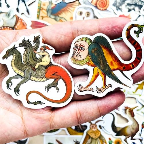 50 Pcs Medieval Creatures Stickers – Vintage Fantasy Mythical Monster Decals for Scrapbooking, Journaling, Laptops, Gothic Aesthetic, Medieval Art Vinyl Sticker Pack thumbnail 3