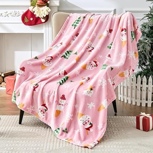 Edenleaf Christmas Blanket Soft Cozy Pink Throws with Snowman Snowflake Santa Claus and Xmas Trees Print, Fuzzy Warm Christmas Throw Blanket for Couch Bed Holiday Decorations Gifts 50"x60" (Pink) thumbnail 6