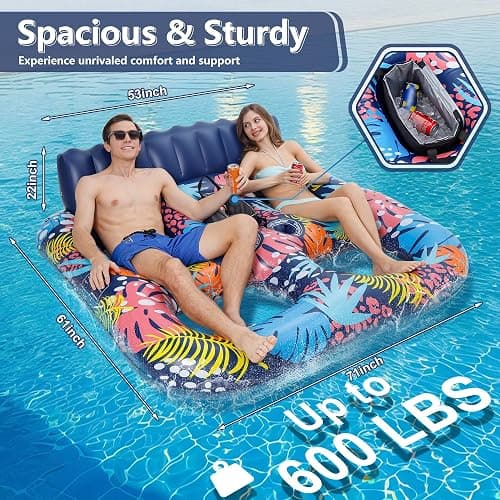 2-Person Inflatable Pool Floats Adult Heavy Duty, 71" x 61" Pool Lounger Float with Cup Holders & Backrest & Removable Insulated Cooler, Thickened Swimming Raft for Pool Party, Lake, Beach, River thumbnail 4