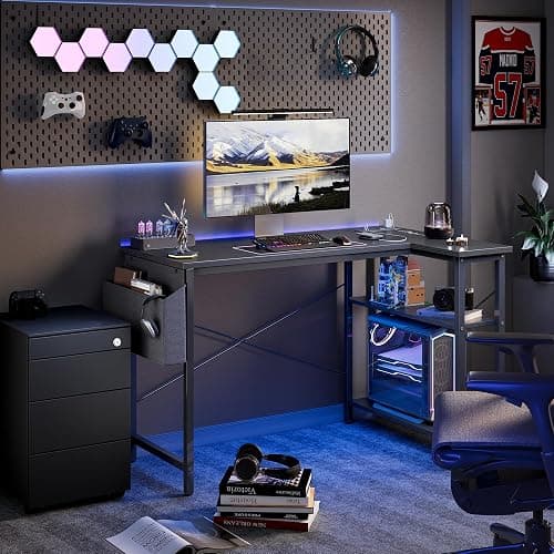 TIQLAB Small L Shaped Desk with Power Outlets - 40 inch Gaming Corner Computer Desk Writing Table, Reversible Large Storage Shelves, Bookshelf Workstation for Study Play Work Home Office, Black thumbnail 2