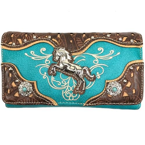 Zelris Western Rearing Horse Embroidered PU Vegan Leather Crossbody Wallet (Turquoise) - Image 1