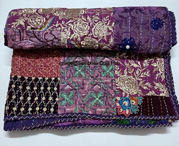 Multicolor Patchwork Quilt Vintage Indian Reversible Quilted Throw Blanket Super Soft and Warm Living Room Decorative for Sofa and Couch 60X67 inches (Purple) thumbnail 6