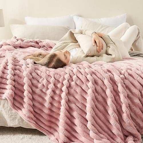 NEWCOSPLAY Super Soft Throw Blanket Pink Premium Silky Flannel Fleece 3D Ribbed Jacquard Lightweight Bed Blanket All Season Use (Pink Ribbed, Throw(50"x60")) - Pink Ribbed - Throw(50"x60") thumbnail 9