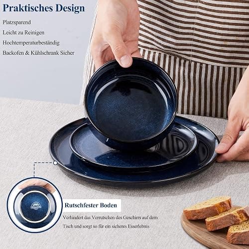 Joyfair Geschirrset 6 Personen, 18-tlg Steinzeug Tafelservice Set, Kratzfest Reaktive Glasur Geschirr Set mit Speiseteller, Dessertteller, Müslischalen, Mikrowellen- & Spülmaschinenfest, Tiefsee Blau thumbnail 4
