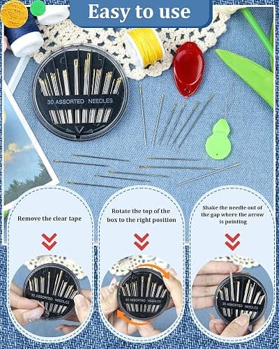 FIVEIZERO 30-Count Steel Needles for Hand Sewing, 6 Sizes Large Eye Embroidery and Hand Quilting Needles Kit with Threaders for Art & Craft Projects thumbnail 4
