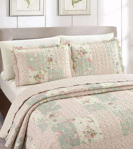Brilliant Sunshine Rose and Sage Quilt Set, 3-Piece Bedding Sets, Traditional Patchwork Design, Washable and Reversible Bedspread, Soft Lightweight Coverlet, All-Season, Full/Queen, Light Pink Green thumbnail 3