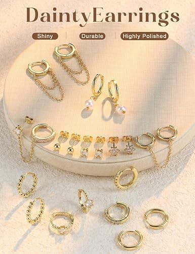 HAIAISO Small 14K Gold Plated Huggie Hoop Earrings for Women Lightweight Double Piercing Chain Earrings Dainty Stud Earrings Hypoallergenic 14K Gold Plated Hoop Earrings Set thumbnail 5