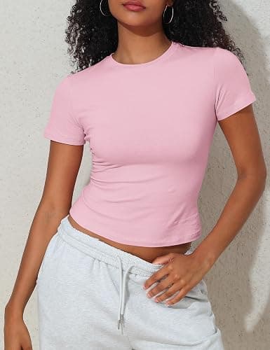 PrettyGuide Women's Crew Neck Short Sleeve Summer Basic Tee Tight Fit Cotton Jersey T Shirt Y2K Going Out Tops thumbnail 3