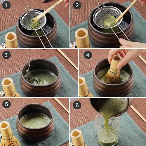 Mycketop Ensemble de 7 pièces à matcha de qualité supérieure avec bol en céramique, chases en bambou, passoire à matcha, cuillère à café, serviette à thé, 2 supports – Kit complet pour cadeau de thumbnail 8