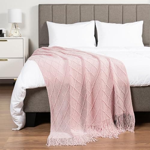 PAVILIA Light Pink Knit Throw Blanket, Soft Knitted Farmhouse, 50x60 | Lightweight Decorative Summer Fall Throw, Outdoor Textured Boho Blanket, For Couch Bed Sofa Chair Living Room Bedroom thumbnail 9