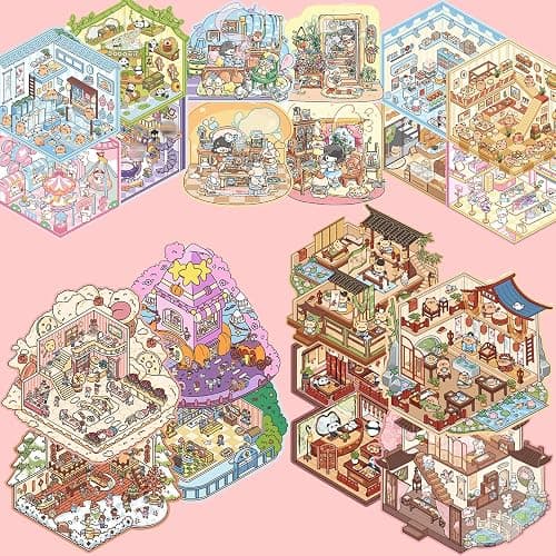 TIYIMIYUXU 20 3D Sticker Scene Set,Scene Stickers Therapy for Adults, Vivid Isometric House 3D Space DIY Sticker Book,Fun Cute Cartoon Stickers,Mini Scenes Relieve Stress thumbnail 2