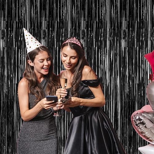 ZATAYE 2 Pack Black Foil Curtain Backdrop Birthday Party Decorations | Black, Metallic Foil, 3.28 x 7.05 FT, Tinsel Backdrop, Foil Curtain Streamer, Halloween New Years Eve Party thumbnail 2
