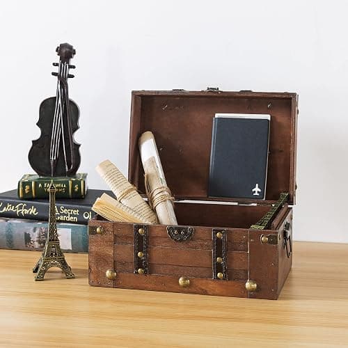 SLPR Alexander Small Wooden Treasure Chest - 11" x 7" x 5.5", Wood Storage Box with Hinged Lid, Decorative Trunk for Keepsakes, Vintage Pirate Chest for Classroom thumbnail 5