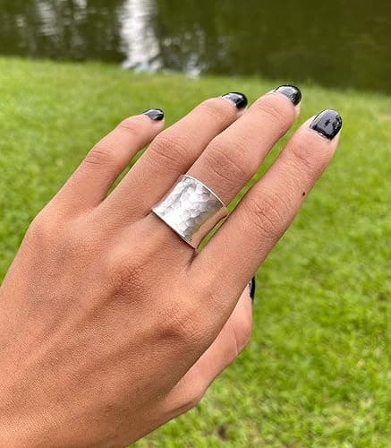Hammered Sterling Silver Handmade Wide Band Ring, Classic Shiny Finish Wrap Band, Adjustable to Sizes 6-12, Can fit Also as Thumb ring, Gift for Her thumbnail 3