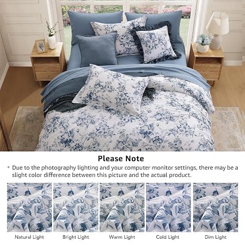 BLOOMHAVEN Full Comforter Set -7 Pieces Floral Blue Comforter Set for All Seasons, Bed in a Bag Full with Botanical Flowers Comforter, Sheets, Pillowcases & Shams thumbnail 9