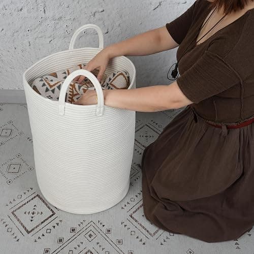 XUANGUO Cotton Rope Laundry Basket Hamper for Clothes Woven Storage Basket for Living Room Bedroom Boho Tall Rope Baskets for Blanket Toys Pillow Towels Baby Nursery Hamper Bin Large white thumbnail 2