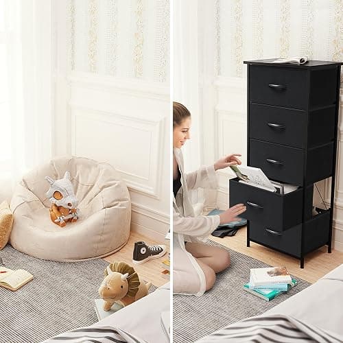 Crestlive Products Vertical Dresser Storage Tower - Sturdy Steel Frame, Wood Top, Easy Pull Fabric Bins - Organizer Unit for Bedroom, Hallway, Entryway, Closets - 5 Drawers(Black) thumbnail 8