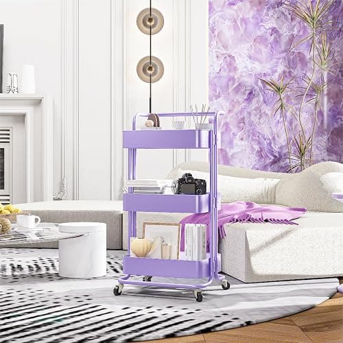 Mzzelry Metal Rolling Storage Cart, 3-Tier Utility Cart with Wheels, Multifunctional Organizer Storage for Kitchen, Bedroom, Office, Laundry Room, Dorm Room Essentials (Purple) thumbnail 2