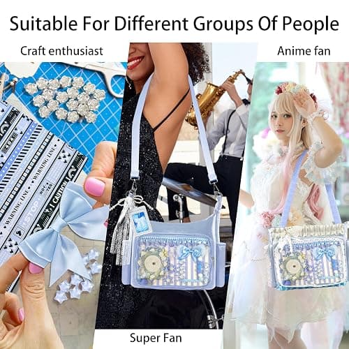 103 Pcs DIY Ita Bag Accessories with Insert Panels,Ribbons,Ita Bag Decor with Bows, Wings, Hearts, Stars, Pom-Pom, Making Supplies for Handicraft Enthusiast, Celebrity Fan, Anime Fan (Blue) thumbnail 6
