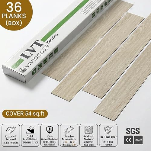 VIVIDCOZYTILE Waterproof Peel and Stick Floor Tile, 54 Sq.Ft Washed Beige Vinyl Wood Flooring, Easy DIY-Install & Durable for Kitchen, Bedroom, Bathroom, RVs, Rental-Friendly (36-Planks 6"x36") thumbnail 6