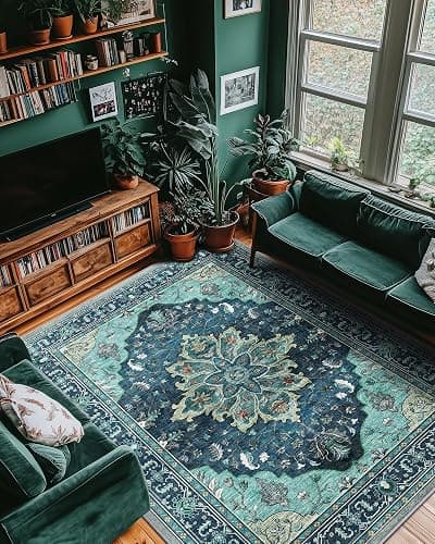 RELEANY Area Rugs 8'x10' Washable Non-Slip, Floral Vintage Distress Print Pattern Medallion Carpet for Living Room Bedroom Dining Room, Teal Green Lake Blue Turquoise thumbnail 2