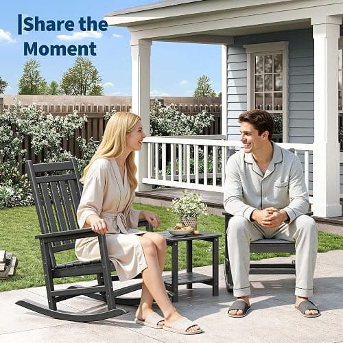 Garvee HDPE Rocking Chair Outdoor Set of 2 with Side Table - Poly High Back Porch Rocker Chairs for Adults - All Weather Resistant Furniture for Patio Front Porch - Black thumbnail 3