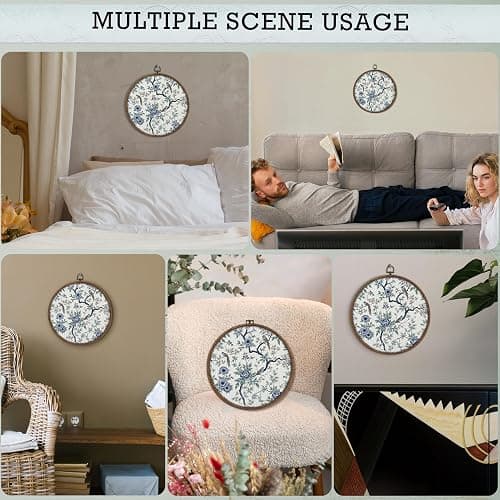 Blue and White Spring Flower Bird Round Framed Wall Art, Embroidered Chinoiserie Floral Decor, Small Gallery Wall Accent for Grandmillennial Style, Blue Wall Hanging for Bedroom Living Room-A09 thumbnail 9