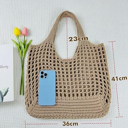 SUOSDEY Crochet Mesh Beach Tote Bag, Knit Summer Vacation Aesthetic Boho Tote Bag for Women thumbnail 4