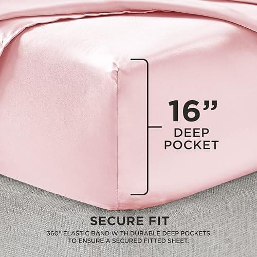 Juicy Couture Queen Size Satin Bed Sheet Set, Deep Pocket Silky Satin Queen Sheet Set with 1 Fitted Sheet, 1 Flat Sheet and 2 Pillow Case, Wrinkle Resistant and Anti Pilling - Pink - Queen - 4 Piece Set - Pink thumbnail 2