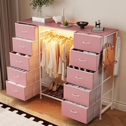 LUMTOK 2-in-1 Dresser with Hanging Rack, 10 Drawers Dresser for Bedroom,Dressers with Fabric Drawers,LED Lights, Charging Station and Hanging Racks for Bedroom (Pink) thumbnail 4