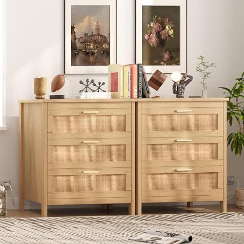 Keehusux Rattan Nightstand with Charging Station, 23.6" Wide Bedside Table with 3 Drawers, Boho Night Stand with Metal Handles, Accent End Table for Bedroom, Guest Room, Natural thumbnail 3
