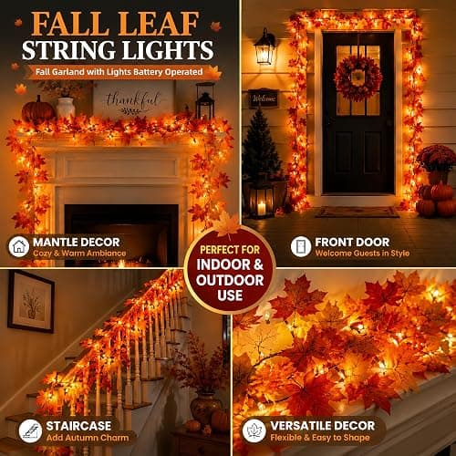 Fall Garland with Lights Battery Operated with Timer,9.8FT 50 Orange Bulbs Lighted Fall Leaves Garland,Fall Decorations for Home Thanksgiving,Halloween,Fireplace,Porch,Table Decor Indoor Outdoor thumbnail 7