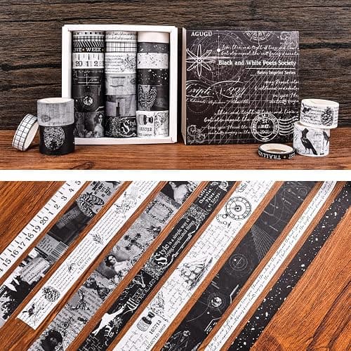 DAPUTOU 20 Rolls Vintage Washi Tape Set,Wide Floral Stamp Letter Old Newspaper Antique Retro Decorative Masking Tape Sets for Scrapbook, Craft,Kids, Scrapbooking Supplies (Black) thumbnail 3