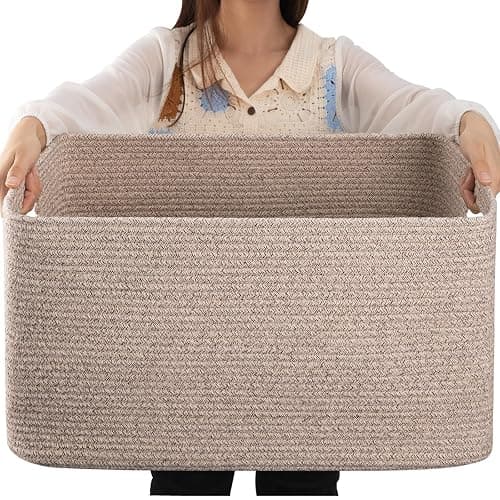 OIAHOMY 75L Large Woven Cotton Rope Storage Basket with Handle for Organizing Blanket and Toys for Living Room, Nursery, Brown Variegated 22”x17”x12” - Image 1