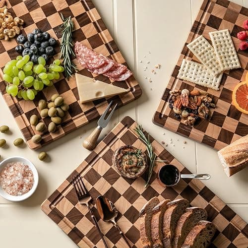 THETCHRY Cutting Boards for Kitchen, Checkered Cutting Board Upgraded, Acacia Wood Chopping Board with Juice Grooves & Handles, Large Butcher Block Serving Tray with Gift Box, 17"X12"X0.8" thumbnail 7